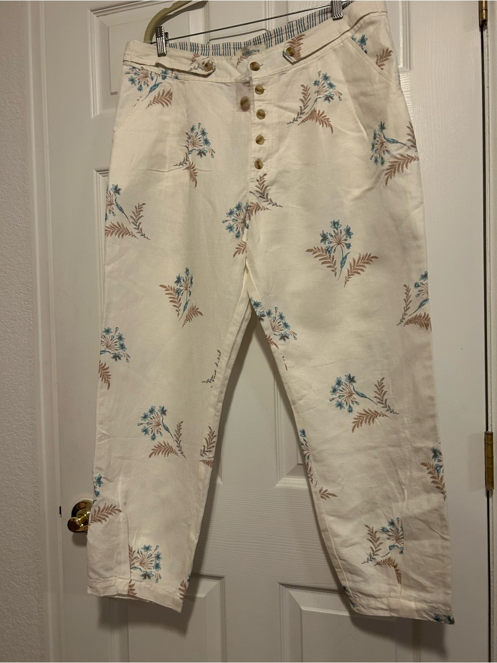 Sundance Cream Linen-Blend Button-Front Pants with Blue & Coral Floral Trim
